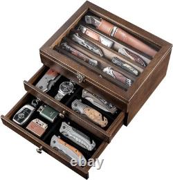 Knife Display Case 22+ Wood Walnut EDC Pocket Knives Watch Organizer Storage Box