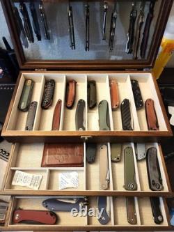 Knife Display Case 24+ Wood Brown EDC Pocket Knives Watch Organizer Storage Box