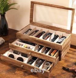 Knife Display Case 24+ Wood Brown EDC Pocket Knives Watch Organizer Storage Box