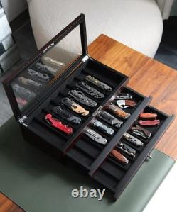 Knife Display Case 24+ Wood Ebony Pocket Knives Holder EDC Storage Organizer Box