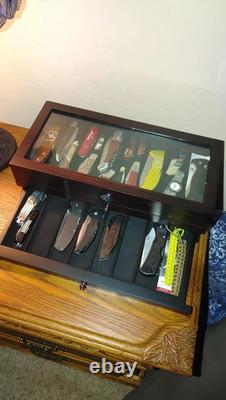 Knife Display Case 24+ Wood Ebony Pocket Knives Holder EDC Storage Organizer Box
