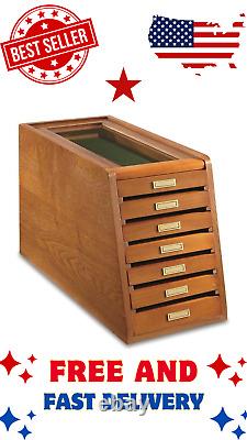 Knife Display Case Cabinet Walnut Wood Glass Coins Knives Drawer Storage Holder