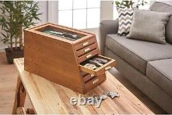 Knife Display Case Cabinet Walnut Wood Glass Coins Knives Drawer Storage Holder