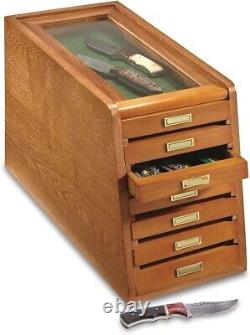 Knife Display Case Cabinet Walnut Wood Glass Coins Knives Drawer Storage Holder