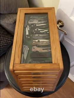 Knife Display Case Honey Oak Cabinet Wood Glass Coins Knives Watch Drawer Holder