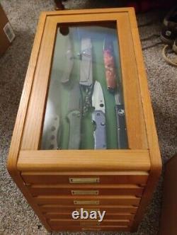 Knife Display Case Honey Oak Cabinet Wood Glass Coins Knives Watch Drawer Holder