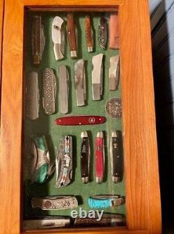Knife Display Case Honey Oak Cabinet Wood Glass Coins Knives Watch Drawer Holder