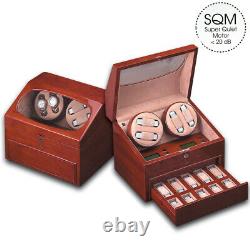 LCD Double Watch Winder for 4 Dark Tan Cherry Finish Display Box Case Storage