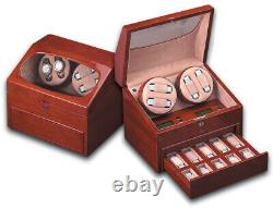 LCD Double Watch Winder for 4 Dark Tan Cherry Finish Display Box Case Storage