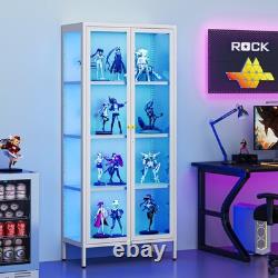 LED Metal Display Cabinet with3-Sided Glass Adjustable Shelves & Feet Storage Case