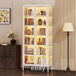 LED Metal Display Cabinet with3-Sided Glass Adjustable Shelves & Feet Storage Case