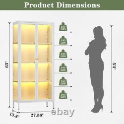 LED Metal Display Cabinet with3-Sided Glass Adjustable Shelves & Feet Storage Case