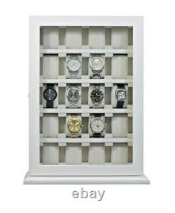 Large 20 Slot Wrist Watch White Wood Storage Display Wall Cabinet Box Case Chest