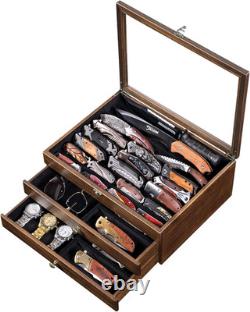 Large Knife Display Case, 3-Tier Pocket Knife Organizer and Storage Box with Tra