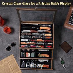 Large Knife Display Case, 3-Tier Pocket Knife Organizer and Storage Box with Tra