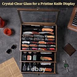 Large Knife Display Case, 3-Tier Pocket Knife Organizer and Storage Box with Tra
