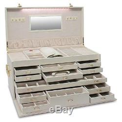 Leather Jewelry Box Case Large Organizer Display Storage Watch Ring Mirror Cream