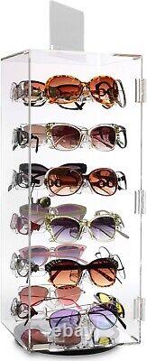 Lockable Acrylic Rotating Sunglass Display Case 24 Frame Organizer with Mirror