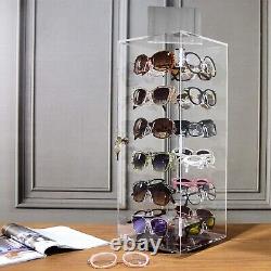 Lockable Acrylic Rotating Sunglass Display Case 24 Frame Organizer with Mirror