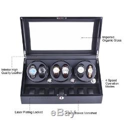 Luxury Black Quad Automatic Watch Winder Display Box Case Leather Storage US