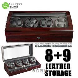 Luxury Ebony Automatic Quad Four Motor Watch Winder Display Storage Box Case 8+9