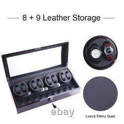 Luxury Ebony Automatic Quad Four Motor Watch Winder Display Storage Box Case 8+9