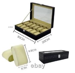 Luxury Watch Storage Box 10 Slots Display Case Organizer Glass Top Leather Rare