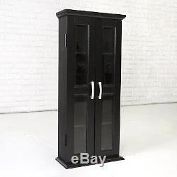 Media Storage Cabinet With Doors Wood Glass CD DVD Display Black Tower Case New