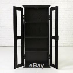 Media Storage Cabinet With Doors Wood Glass CD DVD Display Black Tower Case New