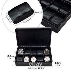 Men's 10 Watch Briefcase Black Carbon Fiber Zippered Travel Storage Case 50MM