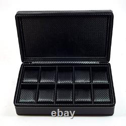 Men's 10 Watch Briefcase Black Carbon Fiber Zippered Travel Storage Case 50MM