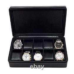 Men's 10 Watch Briefcase Black Carbon Fiber Zippered Travel Storage Case 50MM