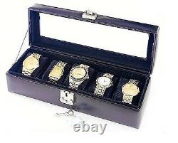 Mens Leather Watch Box 5 Slot Storage Case Leather Glass Top Jewelry Display Box