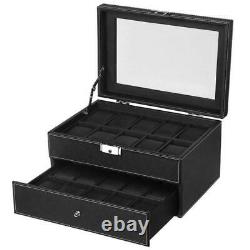 Mens Lockable Watch Box Leather Organizer Storage Display Case Glass Top 5 7 Mdf