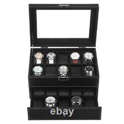 Mens Lockable Watch Box Leather Organizer Storage Display Case Glass Top 5 7 Mdf