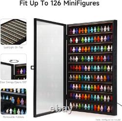 Minifigures Display Case 126 Pcs Toy Miniature LED Solid Wood Black Wall Rack