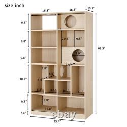 Modern 2 IN 1 Wood Bookshelf Cat House, Cat Tree Display Case with Storage
