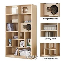 Modern 2 IN 1 Wood Bookshelf Cat House, Cat Tree Display Case with Storage
