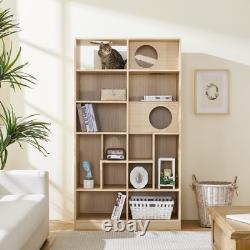 Modern 2 IN 1 Wood Bookshelf Cat House, Cat Tree Display Case with Storage