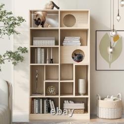 Modern 2 IN 1 Wood Bookshelf Cat House, Cat Tree Display Case with Storage