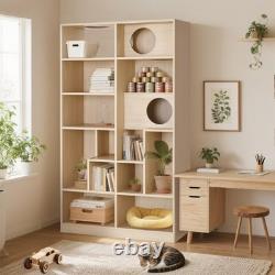 Modern 2 IN 1 Wood Bookshelf Cat House, Cat Tree Display Case with Storage