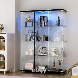 NEW Glass Display Cabinet WithLED Light 3 Doors 4 Shelves Storage Case For Curio