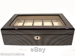 New 10 Large Wrist Watches Jewellery Carbon Fibre Wood Display Storage Case Box