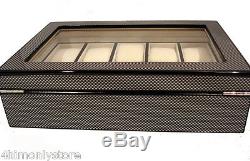 New 10 Large Wrist Watches Jewellery Carbon Fibre Wood Display Storage Case Box