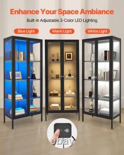 New Display Cabinet with Glass Door, 66 in Tall 4-Tier Lighted Display Case wi