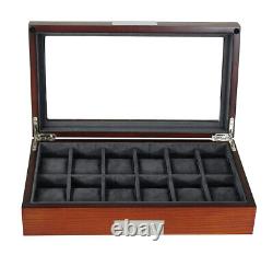 New Large 12 Watch Storage Display Chest Box Mahogany Glass Wooden Case Cabinet