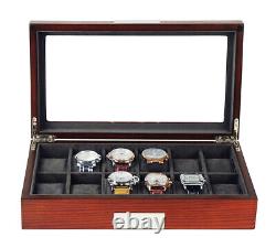 New Large 12 Watch Storage Display Chest Box Mahogany Glass Wooden Case Cabinet