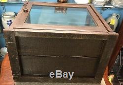 OAK STORE SMALL ANTIQUE COUNTER TOP DISPLAY CASE With2 GLASS SHELVES-PAINTED BROWN