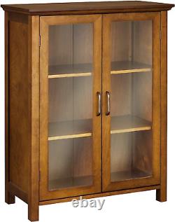 Oak Floor Cabinet Case Display Storage Shelf Box 2 Glass Doors Elegant New