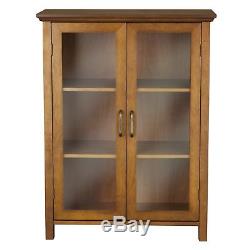 Oak Floor Cabinet Curio Case Display Storage Shelf Box 2 Glass Doors